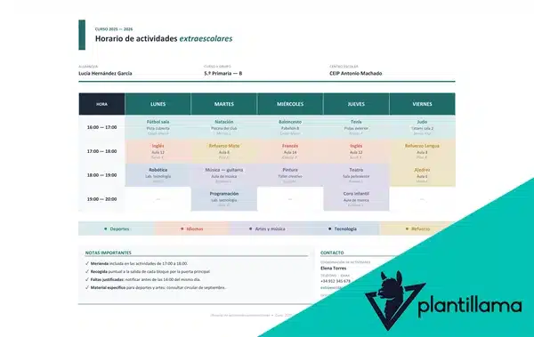 horario actividades extraescolares