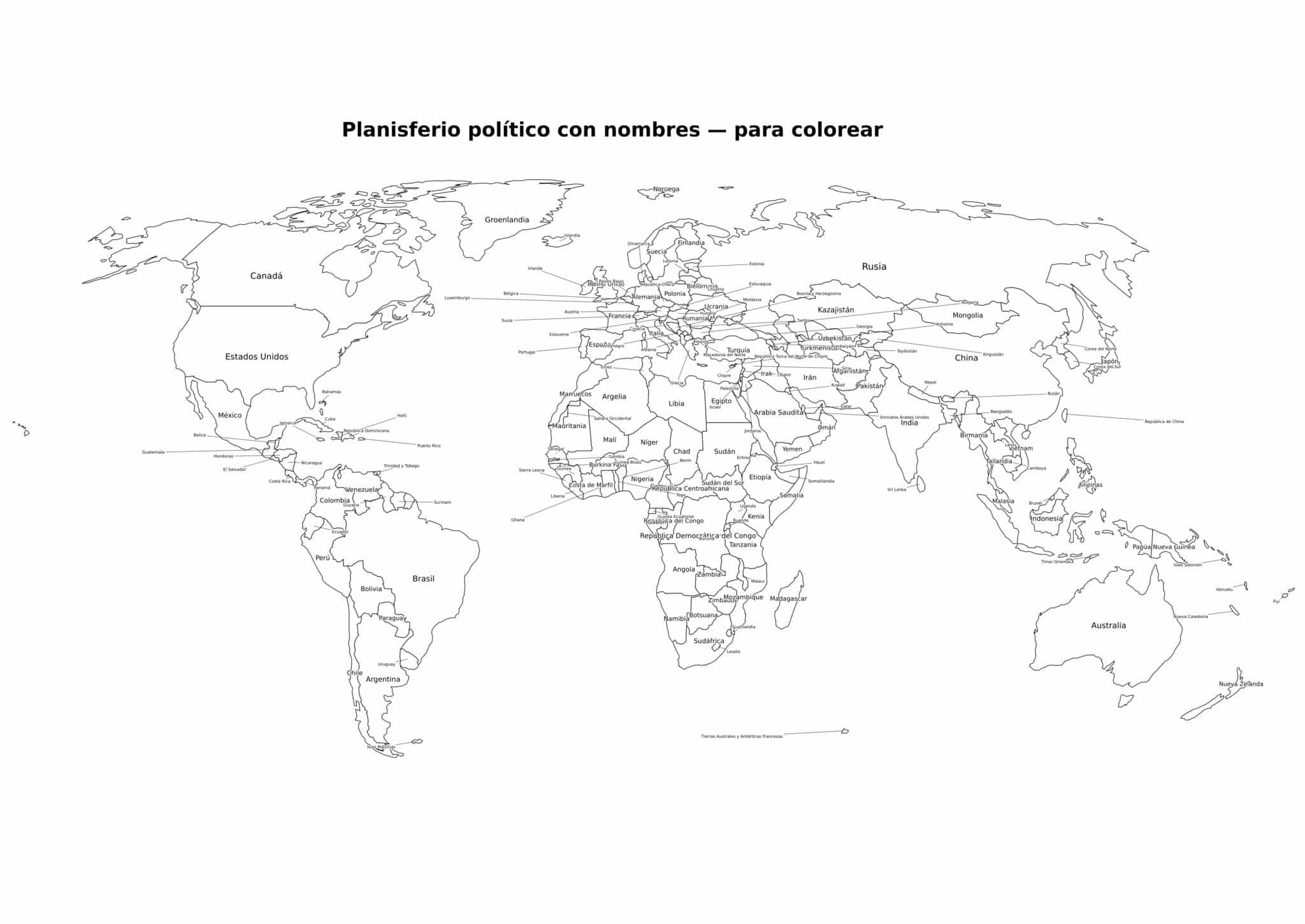 mapamundi con nombres blanco y negro