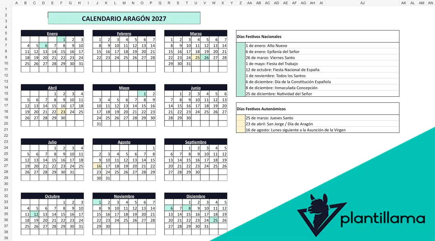 Calendario laboral Aragón 2027 con festivos