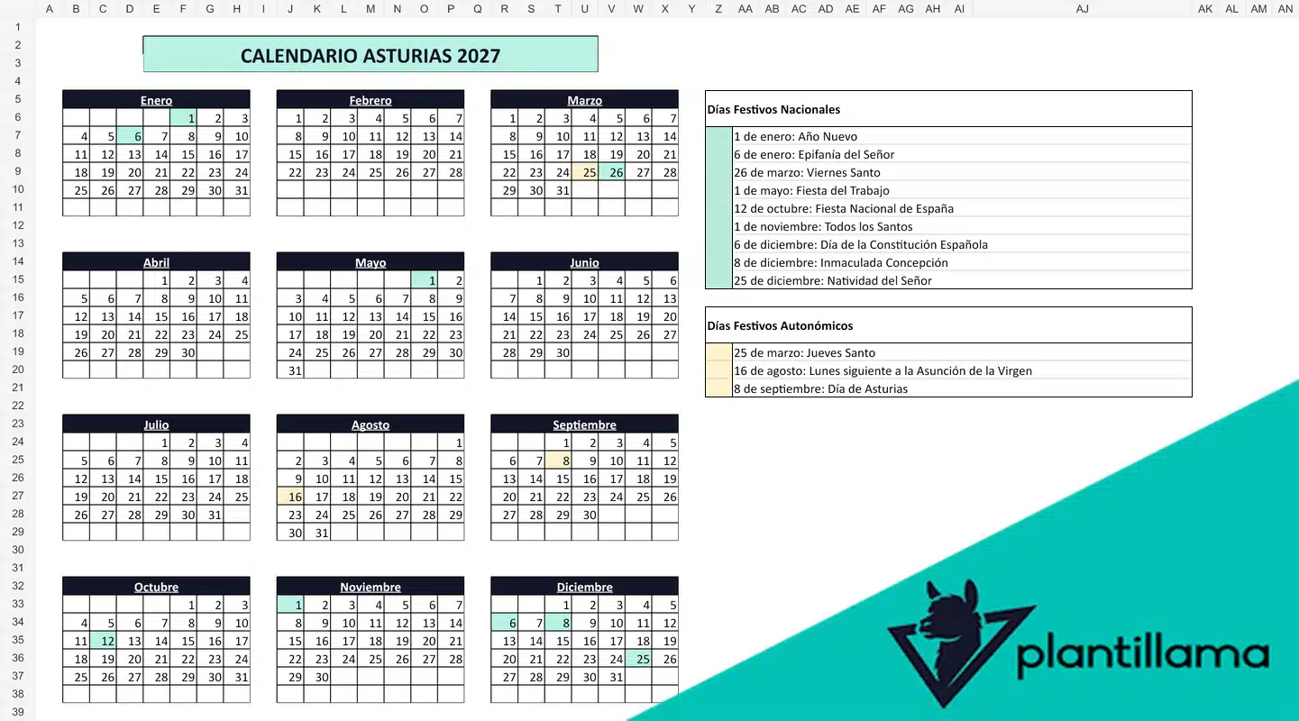 Calendario laboral Asturias 2027 con festivos