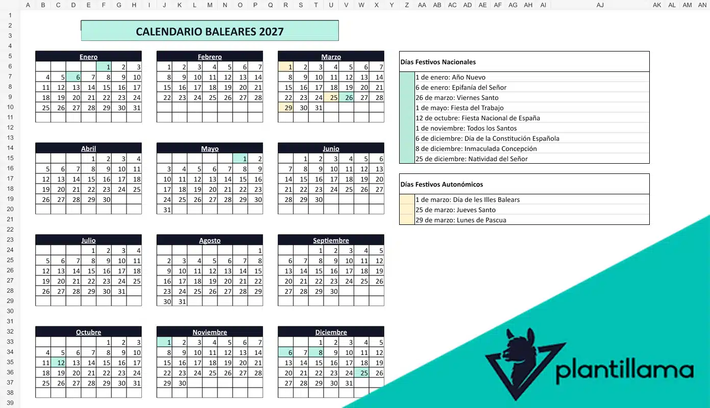 Calendario laboral Islas Baleares 2027 con festivos