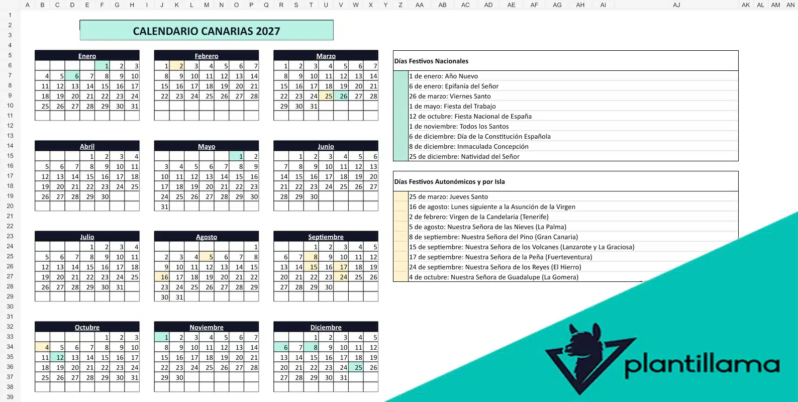 Calendario laboral Canarias 2027 con festivos