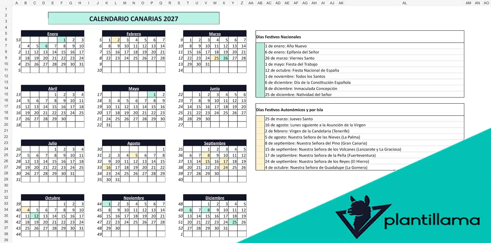 Calendario laboral Canarias 2027 con semanas y festivos