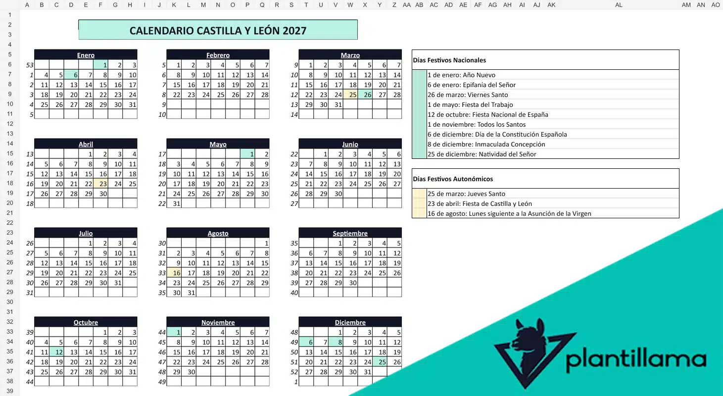 Calendario laboral Castilla y León 2027 con semanas y festivos