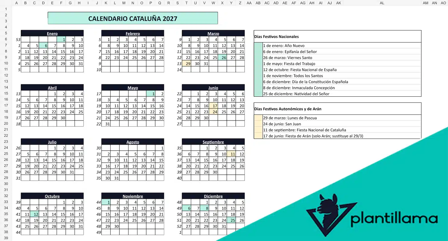 Calendario laboral Cataluña 2027 con semanas y festivos