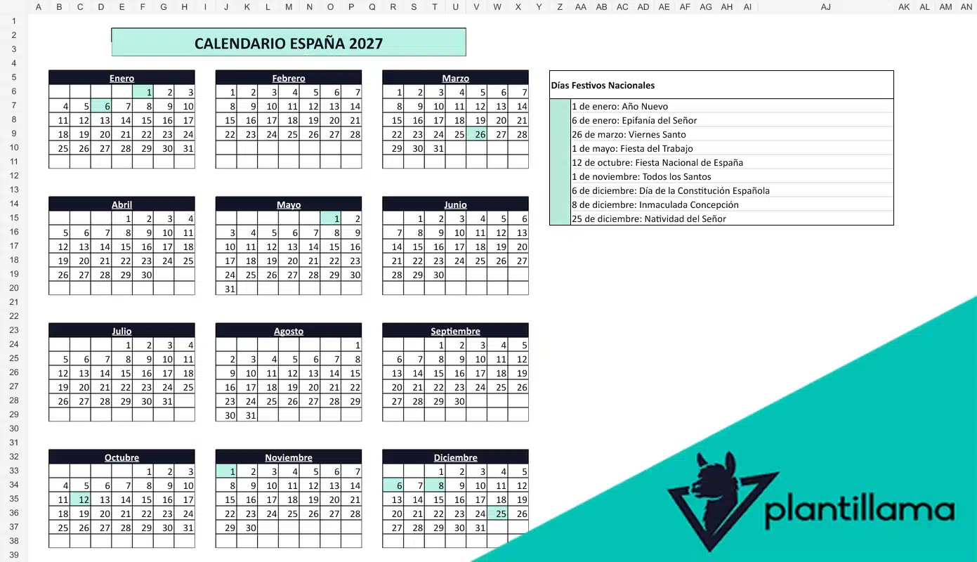 Calendario laboral Espana 2027 con festivos