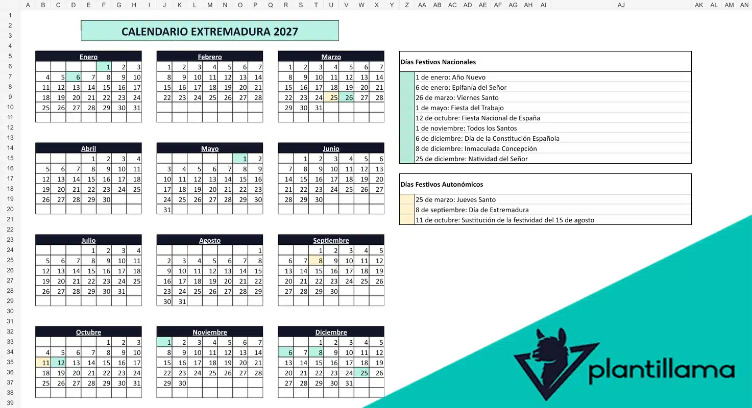 Calendario laboral Extremadura 2027 con festivos