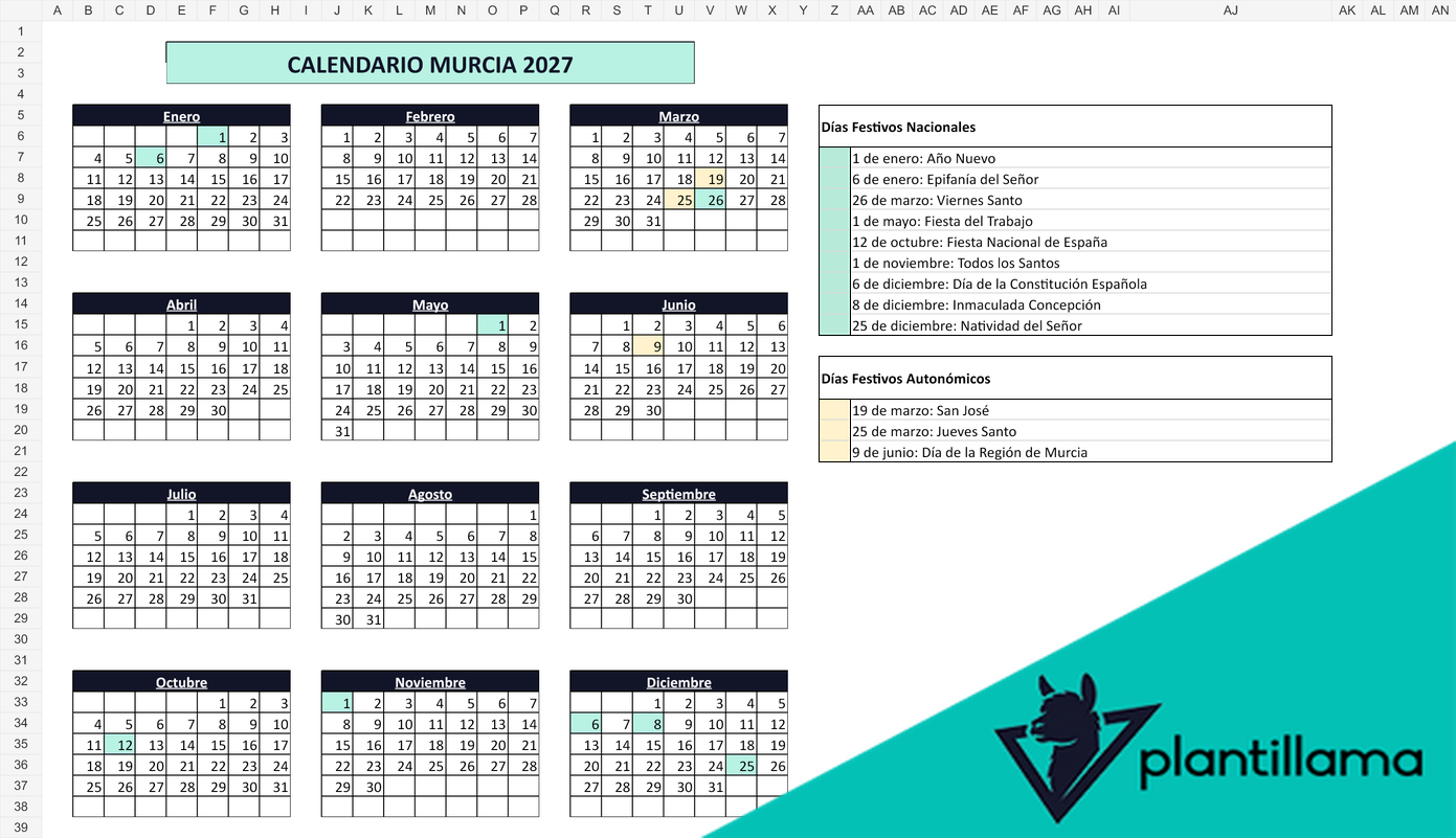 Calendario laboral Murcia 2027 con festivos
