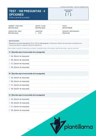 Plantilla test 100 preguntas 4 respuestas